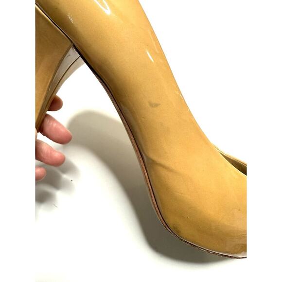 Stuart Weitzman Tan High Heels Peep-Toe Patent Leather Pumps Size 10 Womens - Picture 13 of 14
